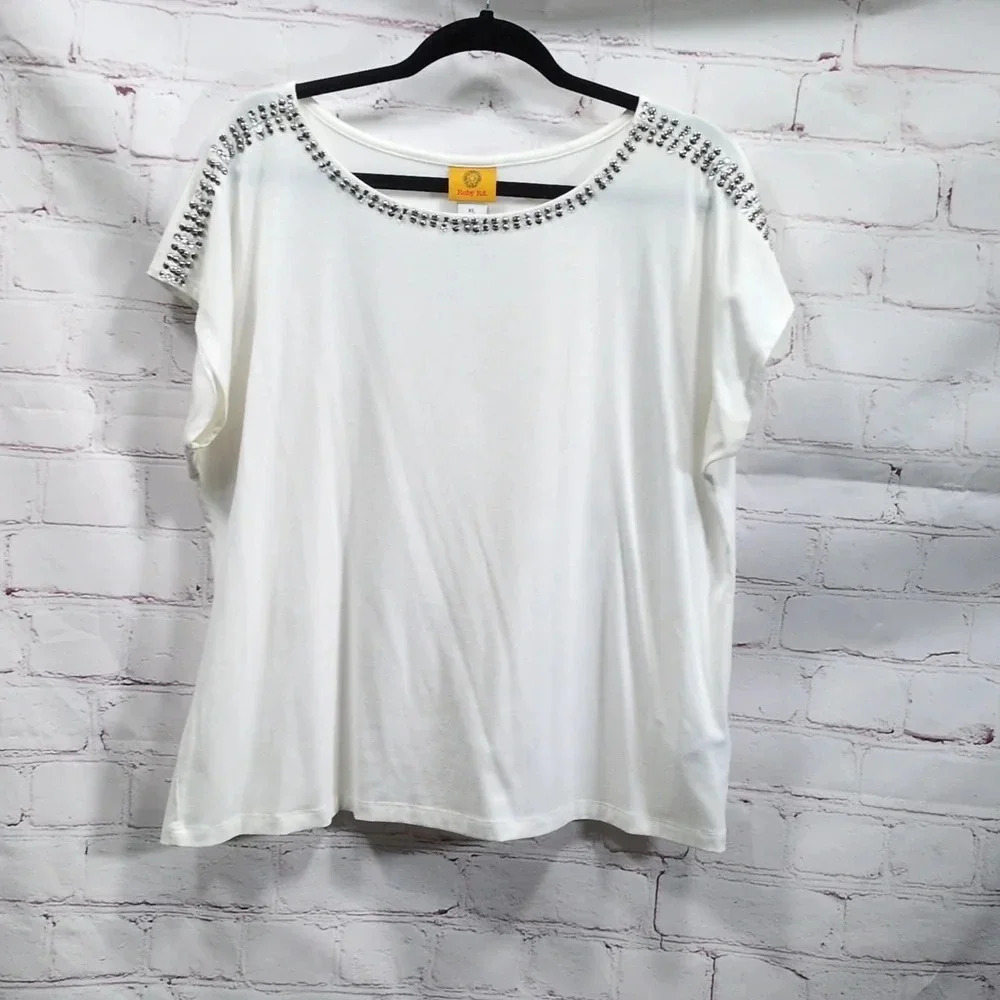 Ruby Rd Cream Studed Short Sleeve Shirt XL - Picture 1 of 9